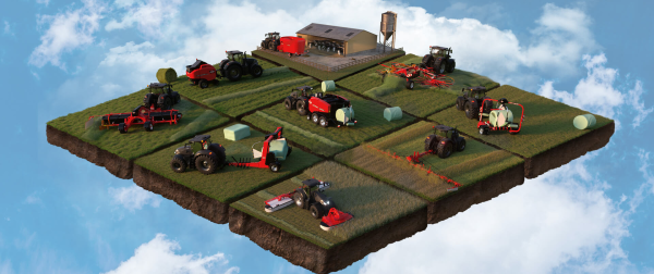 Grassland machinery in a green field from above